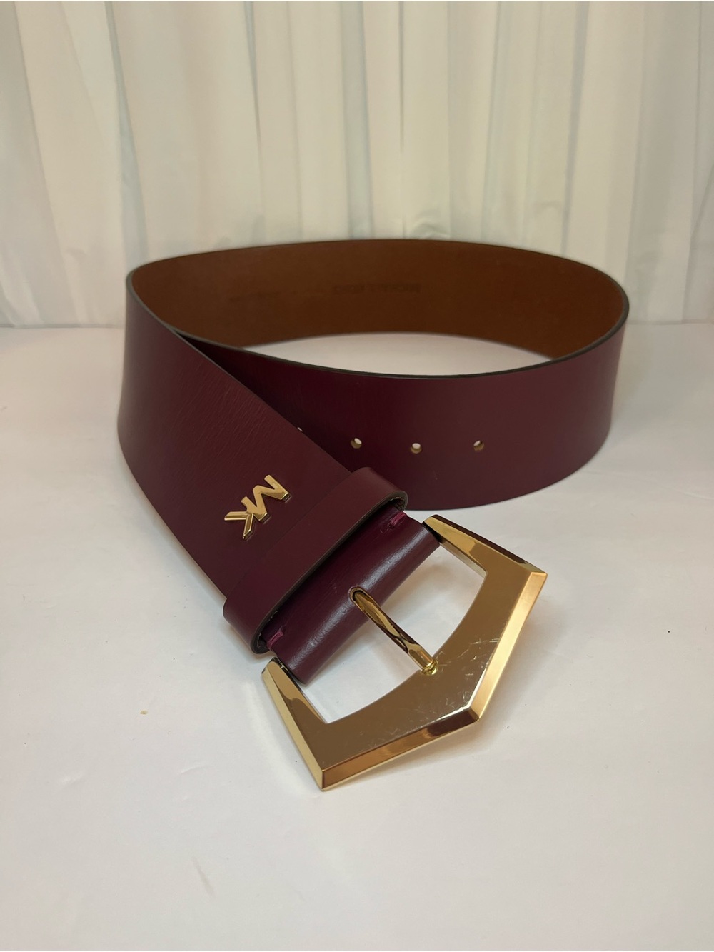 Michael Kors Burgundy Leather Belt with Gold Geometric Buckle